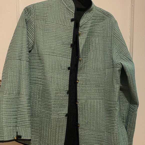 NEW Sam Hilus Classic 100% Silk Reversible Nehru Jacket Women's Black & Teal - Picture 3 of 6